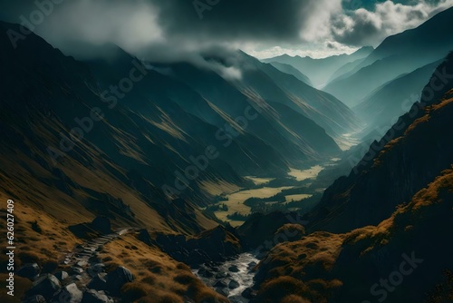 Landscape with clouds, mountains, and valley