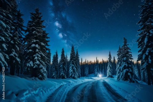 Winter forest night with starry sky © Asad