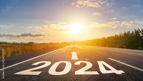 Change of calendar. 2024 anniversary. Transition from 2023 to the new year. Golden sunrise on asphalt empty road. New year concept with the number 2024 on the horizon.- ai generative