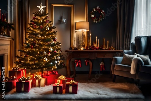 Foto Christmas tree in living room with gifts and decorations