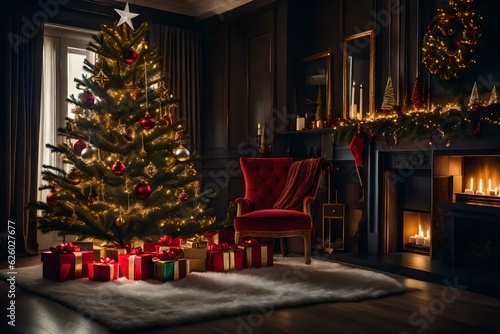 Christmas tree with gifts, decoration and candles