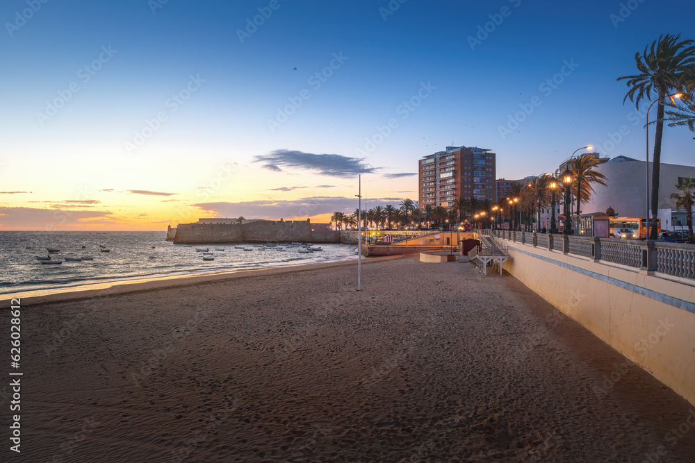 La Caleta Beach and Castle of Santa Catalina at sunset - Cadiz, Andalusia, Spain La Caleta Beach and Castle of Santa Catalina at sunset - Cadiz, Andalusia, Spain