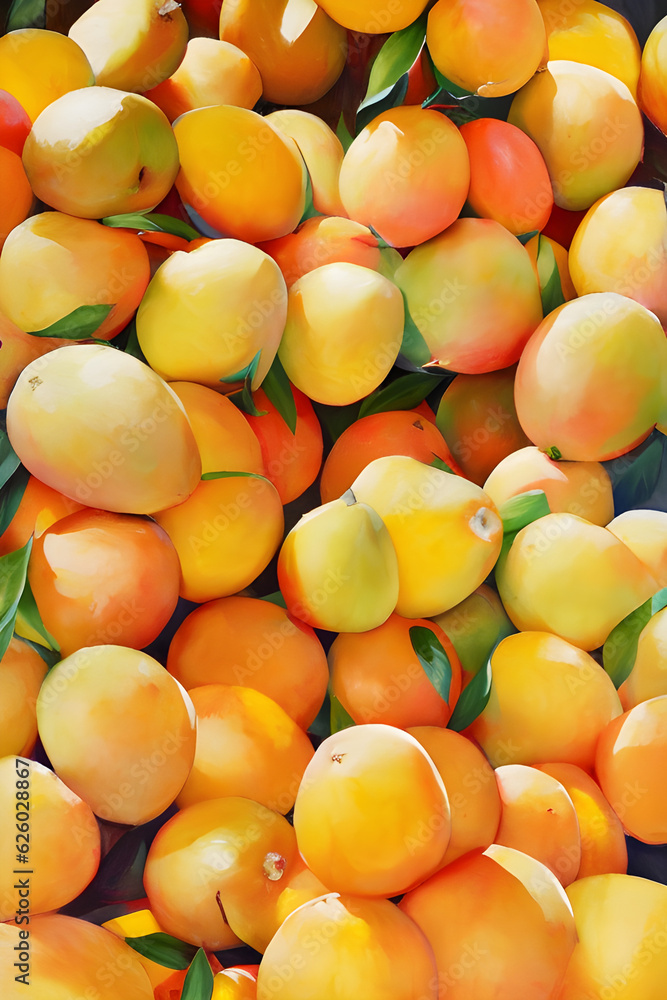 Harvested Tropical Sweet Delights: Mouthwatering Illustration Image of a Pile of Ripe Mangoes In The Farmer's Fruit Stall Generative Ai