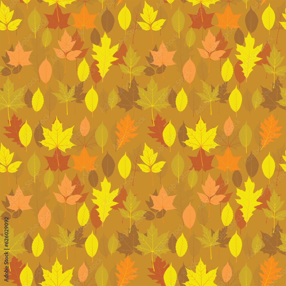 Autumn leaves seamless pattern, vector fall illustration. Red, yellow, and brown leaf background. Back to school design