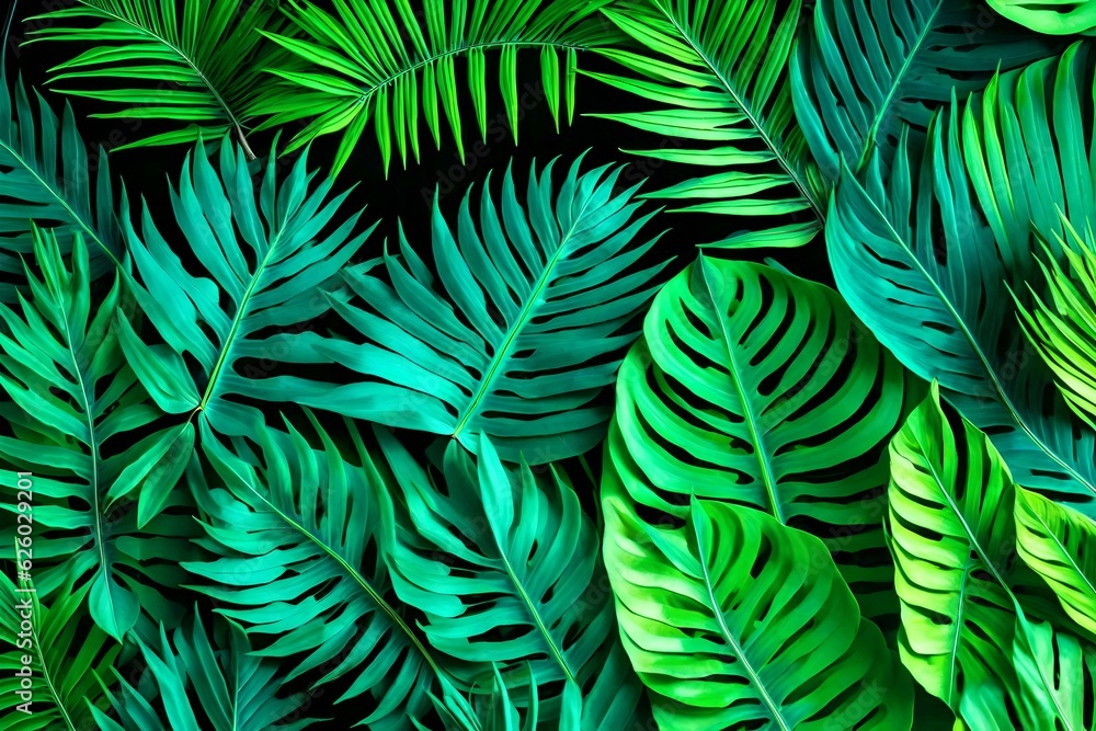 Creative fluorescent color layout made of tropical leaves. Flat lay neon colors. Nature concept