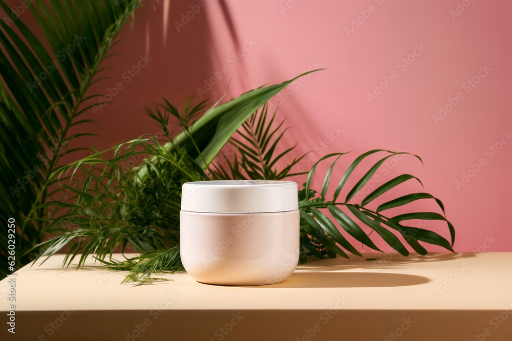 White Cosmetic jar surrounded by plants on a pink background 