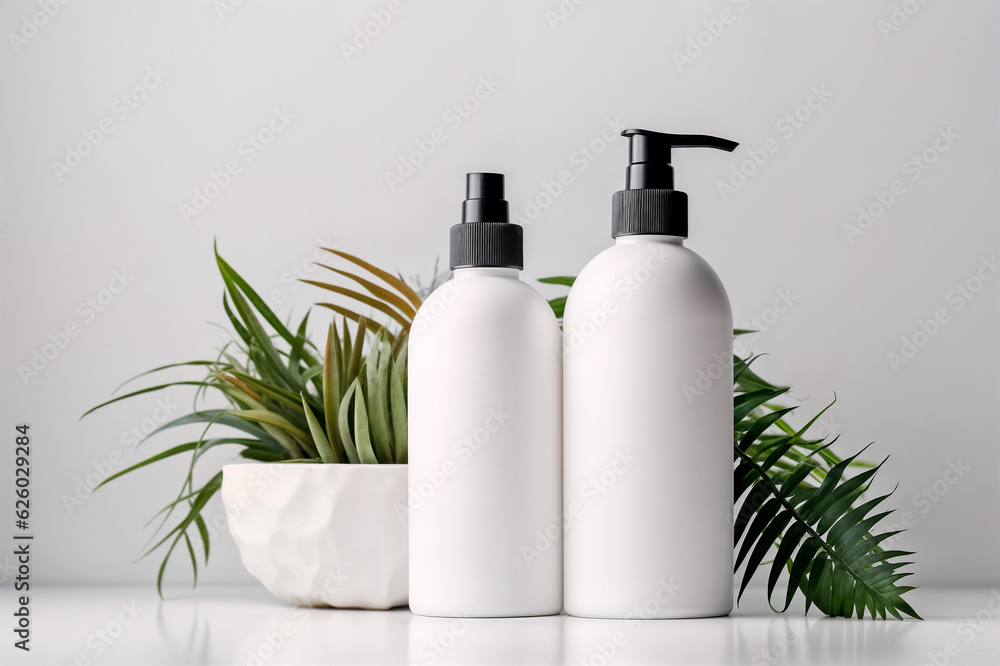 White Cosmetic bottles surrounded by plants on a white background White Cosmetic bottles surrounded by plants on a white background