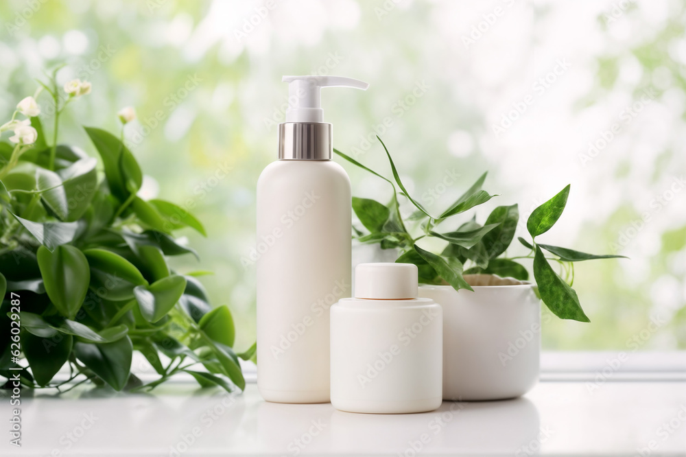 White Cosmetic bottles surrounded by plants on a bright background White Cosmetic bottles surrounded by plants on a bright background