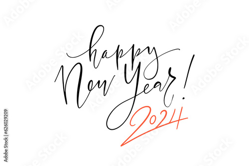 Vector illustration. Handwritten calligraphic brush lettering composition of Happy New Year 2024 on white background.