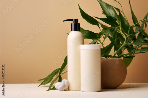 White cosmetic bottles surrounded by plants on a beige background 