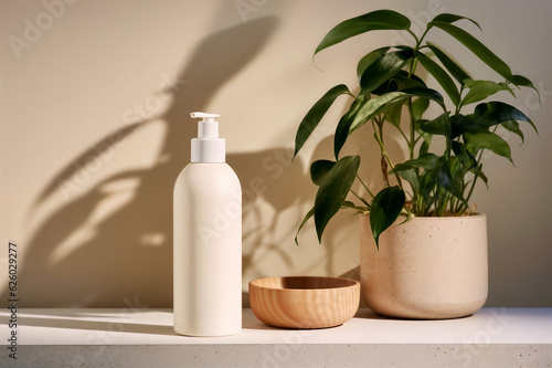 White Cosmetic bottle surrounded by plants on a beige background  © Kotulska