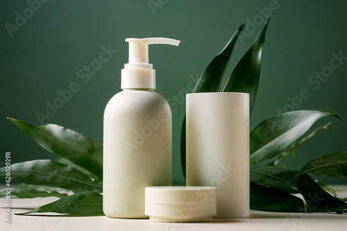 White Cosmetic bottles surrounded by plants on a green background  © Kotulska
