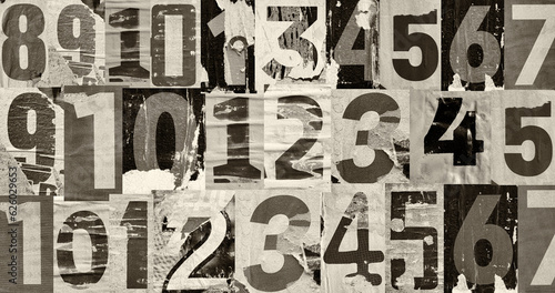 Collage of many numbers ripped torn advertisement street posters grunge creased crumpled paper texture background placard backdrop surface