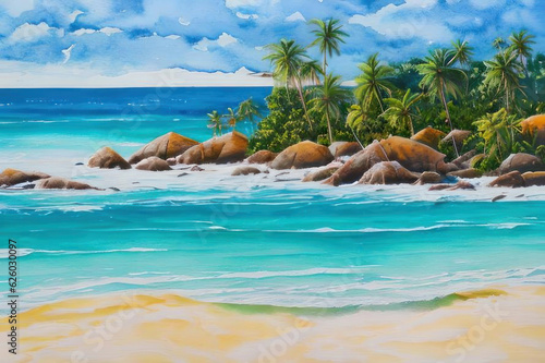 Watercolor island with palm trees in the sea. AI generative. © Iaroslav