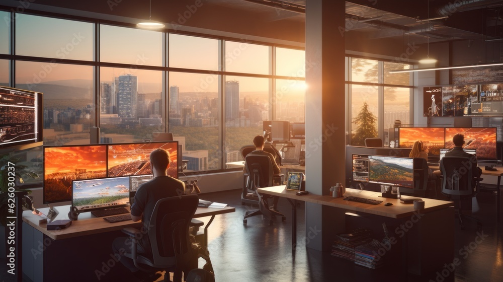 A scene showcasing a team of software developers coding, collaborating, and testing applications in a modern development environment
A scene showcasing a team of software developers coding, collaborating, and testing applications in a modern development environment