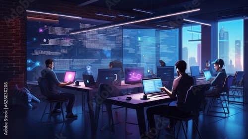 A scene showcasing a team of software developers coding, collaborating, and testing applications in a modern development environment 
