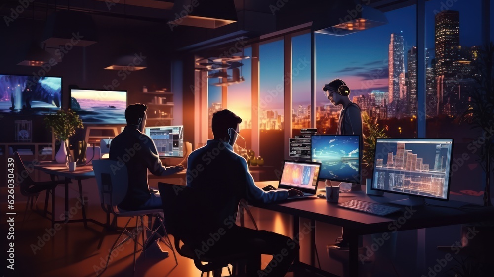 A scene showcasing a team of software developers coding, collaborating, and testing applications in a modern development environment
A scene showcasing a team of software developers coding, collaborating, and testing applications in a modern development environment