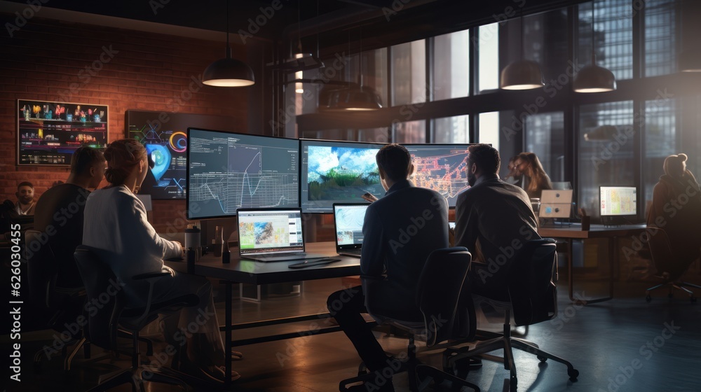 A scene showcasing a team of software developers coding, collaborating, and testing applications in a modern development environment
A scene showcasing a team of software developers coding, collaborating, and testing applications in a modern development environment