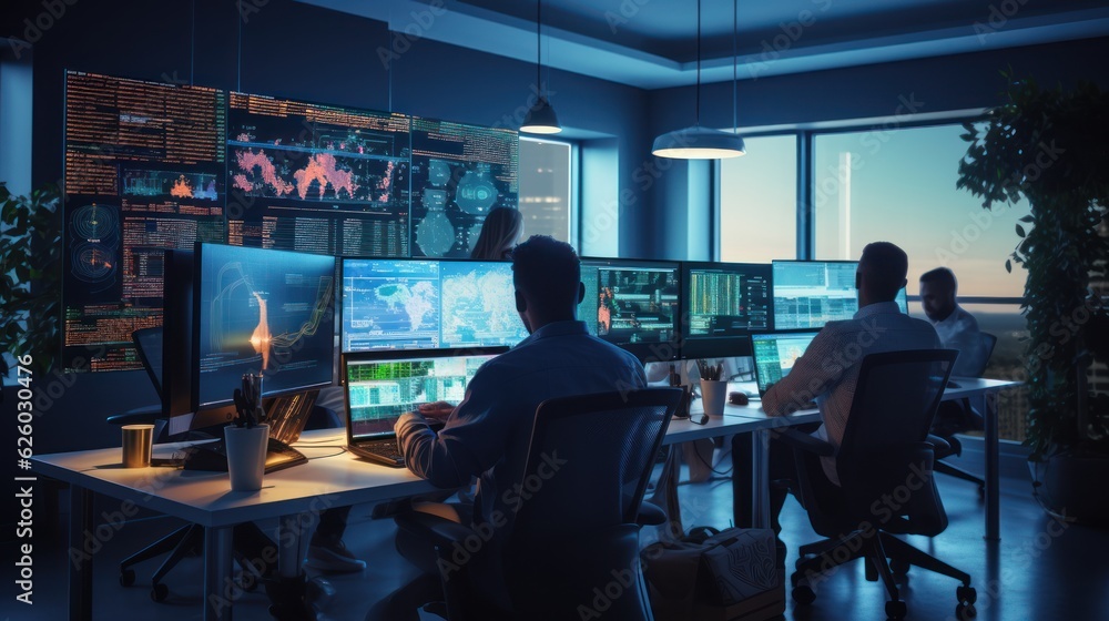 A scene showcasing a team of software developers coding, collaborating, and testing applications in a modern development environment
A scene showcasing a team of software developers coding, collaborating, and testing applications in a modern development environment