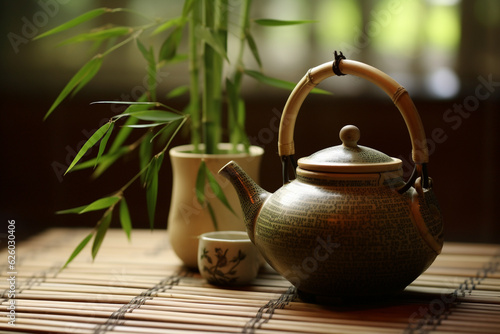 Japanese tea pot with blur bamboo background. generative ai