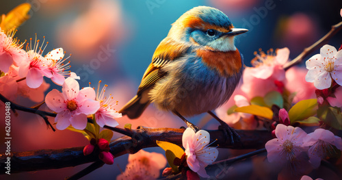 Colorful Wildlife: Cute Bird Sitting on Fresh Flowers © Bartek