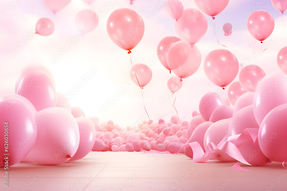 A pink ribbon and colorful balloons