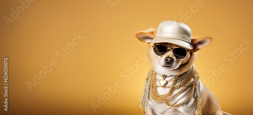 Funny chihuahua dog posing as hip hop or rap superstar - baseball cap, dark sunglasses, golden chain. Wide banner with copy space on side. Wide banner with copy space on side. Generative AI