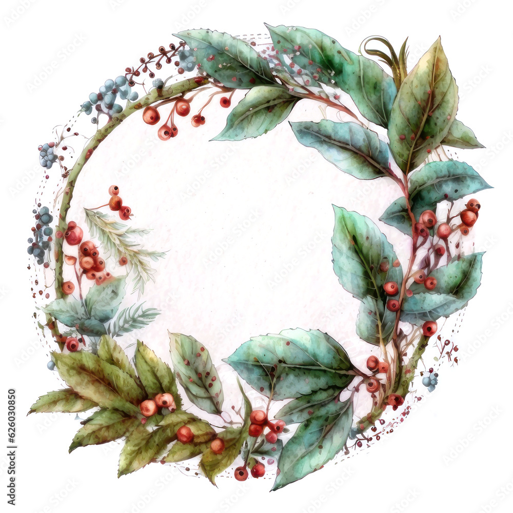 Fototapeta premium Watercolor frame from leaves and berries on a white background, wreath. AI generative.