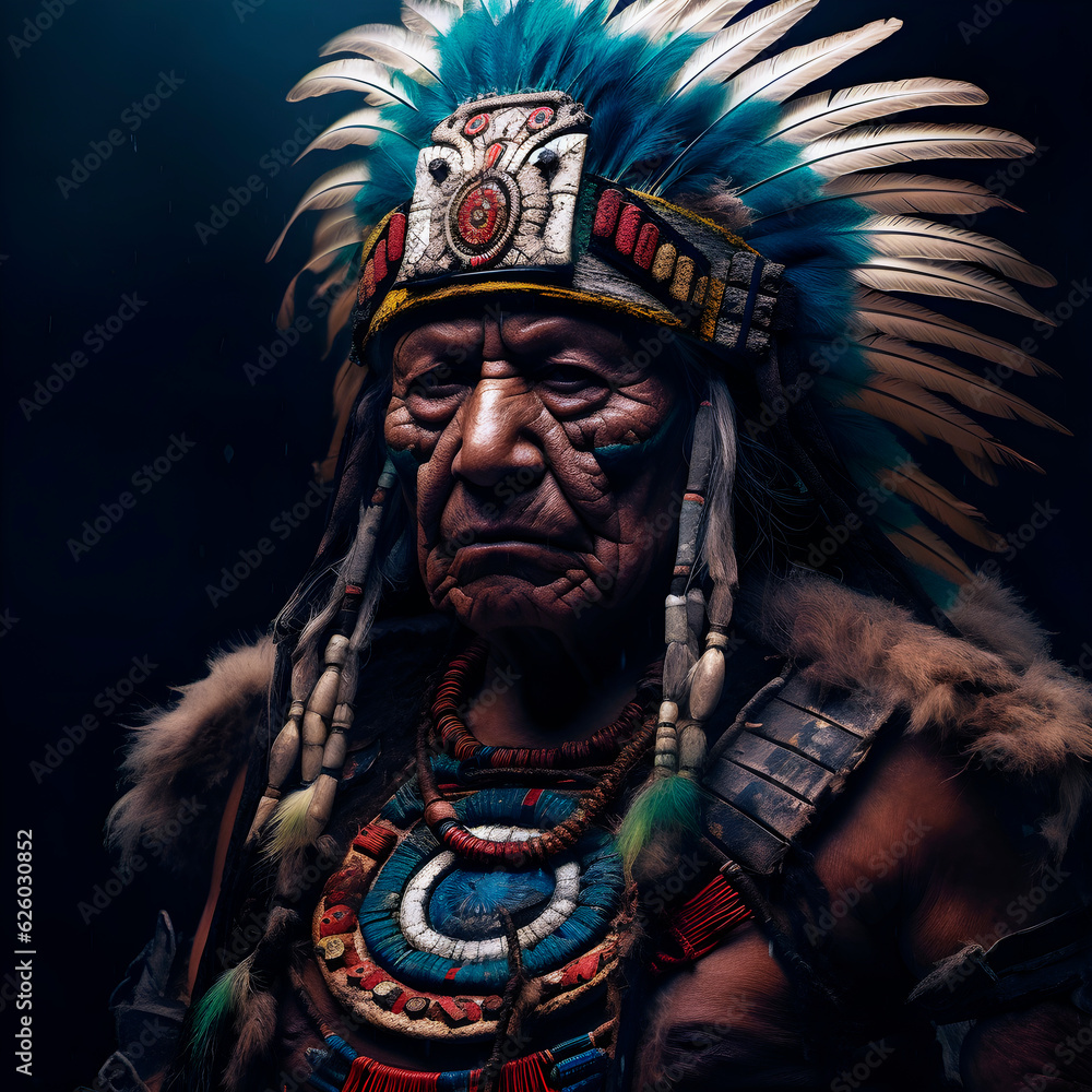 Old aztec warrior portrait. AI Generative.