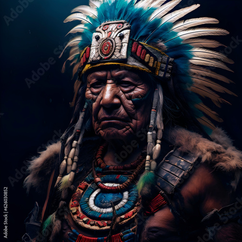 Old aztec warrior portrait. AI Generative.