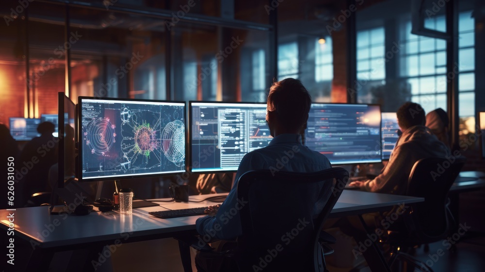 A scene showcasing a team of software developers coding, collaborating, and testing applications in a modern development environment
A scene showcasing a team of software developers coding, collaborating, and testing applications in a modern development environment