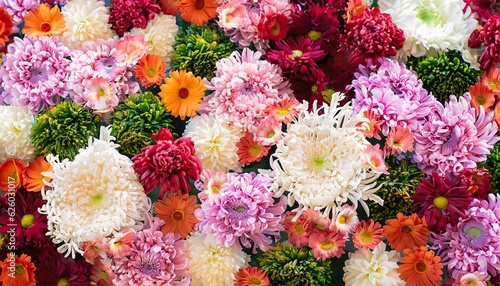 Flowers wall background with amazing red,orange,pink,purple,green and white chrysanthemum flowers ,Wedding decoration, hand made Beautiful flower wall background