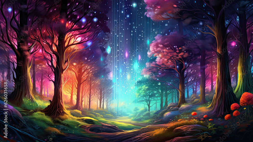 Obraz premium Glowing abstract forest landscape, fantasy dreamscape illustration