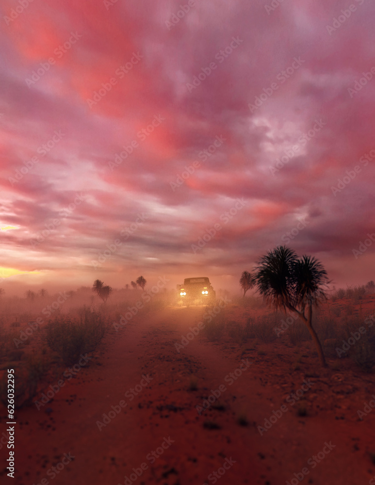 Pickup truck with illuminated headlights on dirt road in arid landscape during sunset. Generative AI.