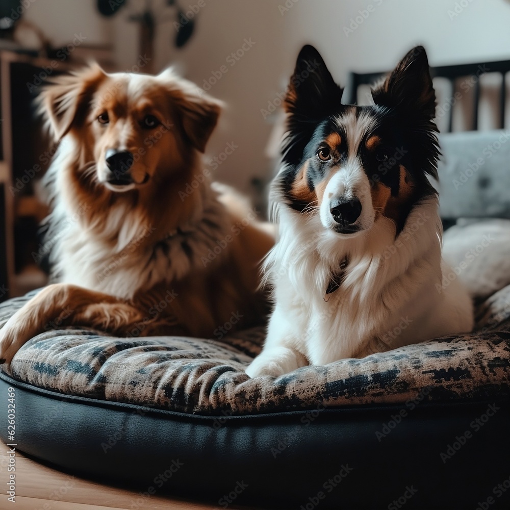 two dogs in a dog bed looking - generative ai