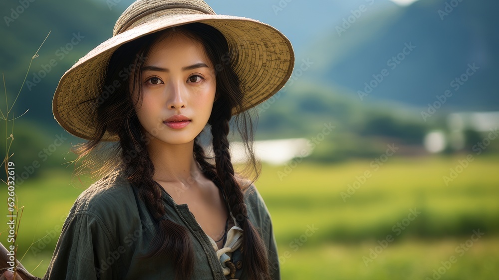 beautiful asian woman farmer in rice