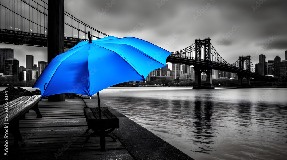 Vivid Blue umbrella close-up, selective color photography