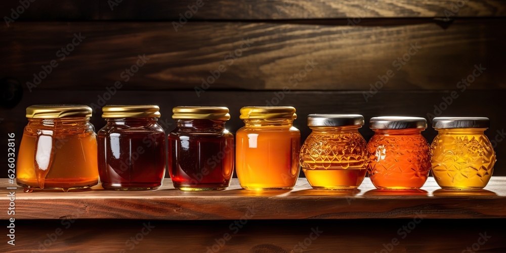 AI Generated. AI Generative. Honey gar bottles containes on kitchen. Sweet dessert organic sugar food on kitchen mock up decoration background. Graphic Art AI Generated. AI Generative. Honey gar bottles containes on kitchen. Sweet dessert organic sugar food on kitchen mock up decoration background. Graphic Art