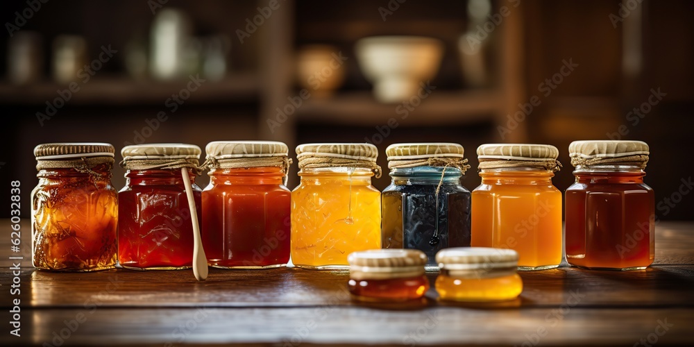 AI Generated. AI Generative. Honey gar bottles containes on kitchen. Sweet dessert organic sugar food on kitchen mock up decoration background. Graphic Art AI Generated. AI Generative. Honey gar bottles containes on kitchen. Sweet dessert organic sugar food on kitchen mock up decoration background. Graphic Art