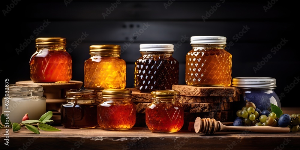 AI Generated. AI Generative. Honey gar bottles containes on kitchen. Sweet dessert organic sugar food on kitchen mock up decoration background. Graphic Art AI Generated. AI Generative. Honey gar bottles containes on kitchen. Sweet dessert organic sugar food on kitchen mock up decoration background. Graphic Art