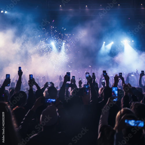 AI Generative, A crowd of people at a live event, concert or party holding smartphones. Large audience, crowd, or participants of a live event, in a arena type venue with bright lights above