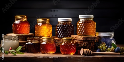 AI Generated. AI Generative. Honey gar bottles containes on kitchen. Sweet dessert organic sugar food on kitchen mock up decoration background. Graphic Art
