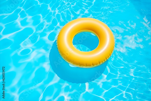 Yellow swimming pool ring float in blue water. AI Generative.