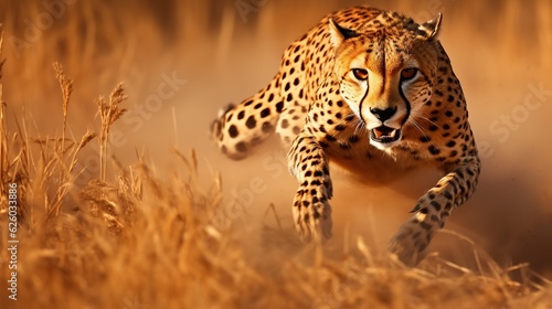 Leopard runs across the savannah with incredible speed and agility. Generative AI illustration for cover, card, postcard, interior design, decor or print. © Login