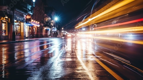 Road with light trails of passing vehicles. Motion speed light in city. Dynamic background. Town at night with speed traffic. Generative AI. Illustration for banner, poster, cover or presentation.