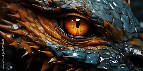 AI Generated. AI Generative. Myth fantasy dragon eye. Macro close up illustration decoration graphic art view lokk watching at you photo