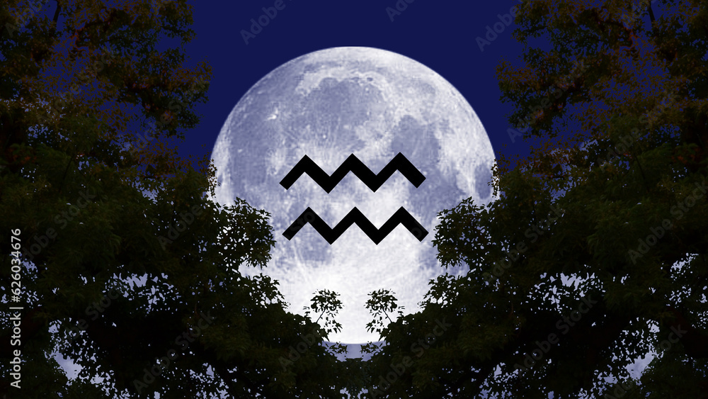 Luna llena en el signo de Acuario sobre paisaje nocturno. Luna en ...