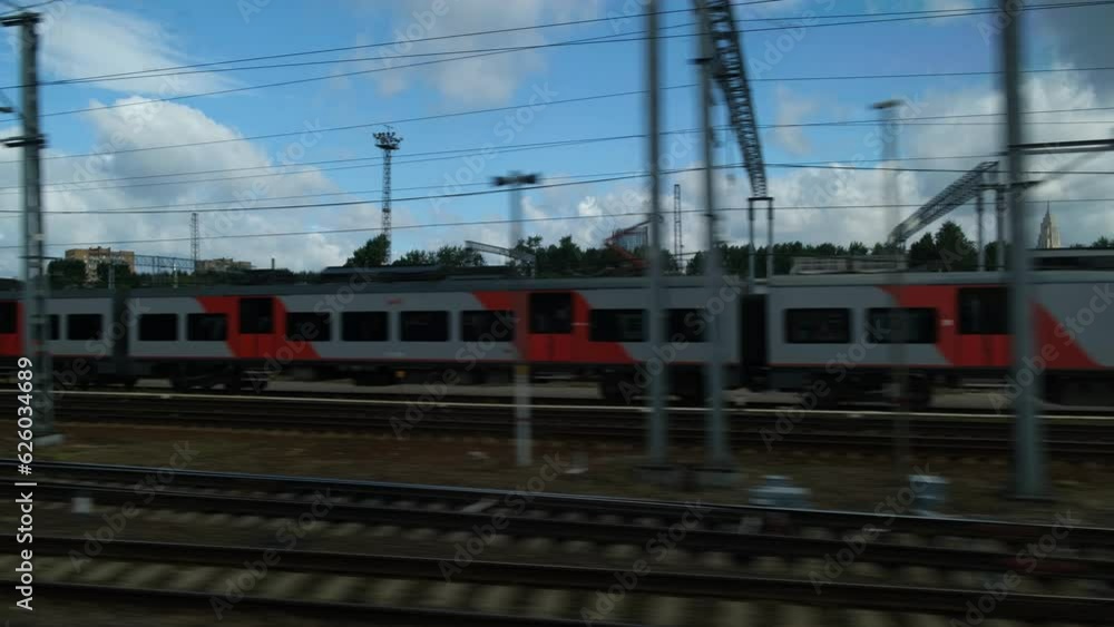 View from the train window to the railway, to the train. View from the train window to the railway, to the train.