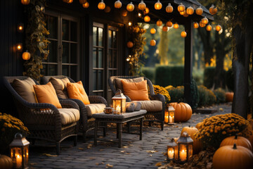 Porch of the backyard decorated with pumpkins and autumn flowers

