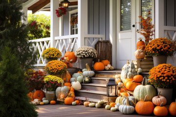  Porch of the backyard decorated with pumpkins and autumn flowers